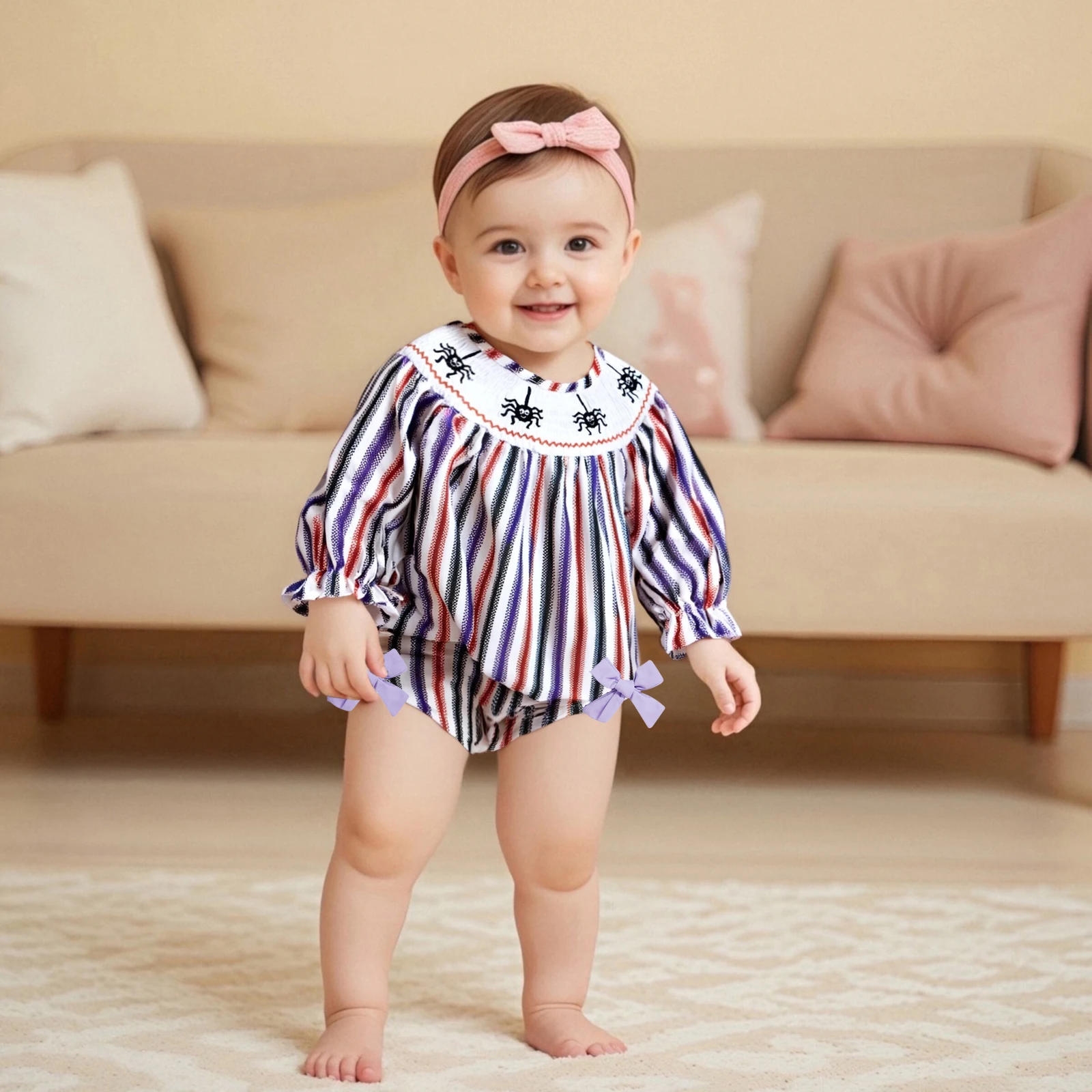 

Baby Clothing Girl Halloween Stripe Romper Spider Embroidery Long Sleeve Mock Neck Smocked Bubble Jumpsuit
