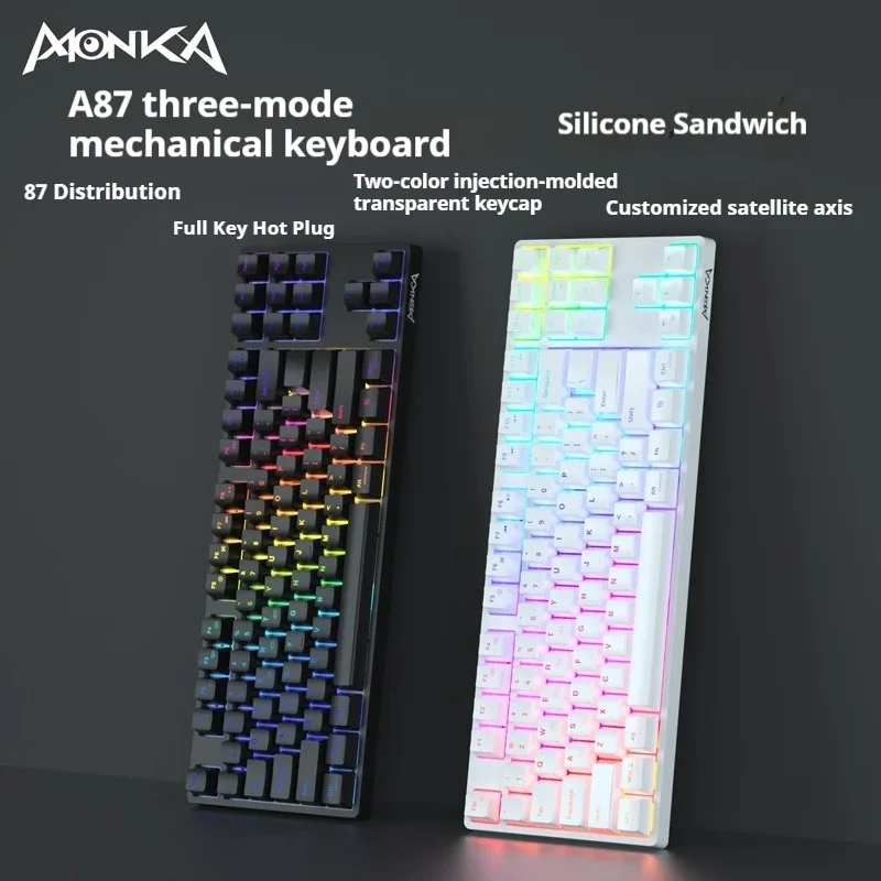 Monka  AE87 Mechanical Keyboard Three Mode Wireless 2.4g Bluetooth Rgb Light Effect Office Game laptop keyboard customization