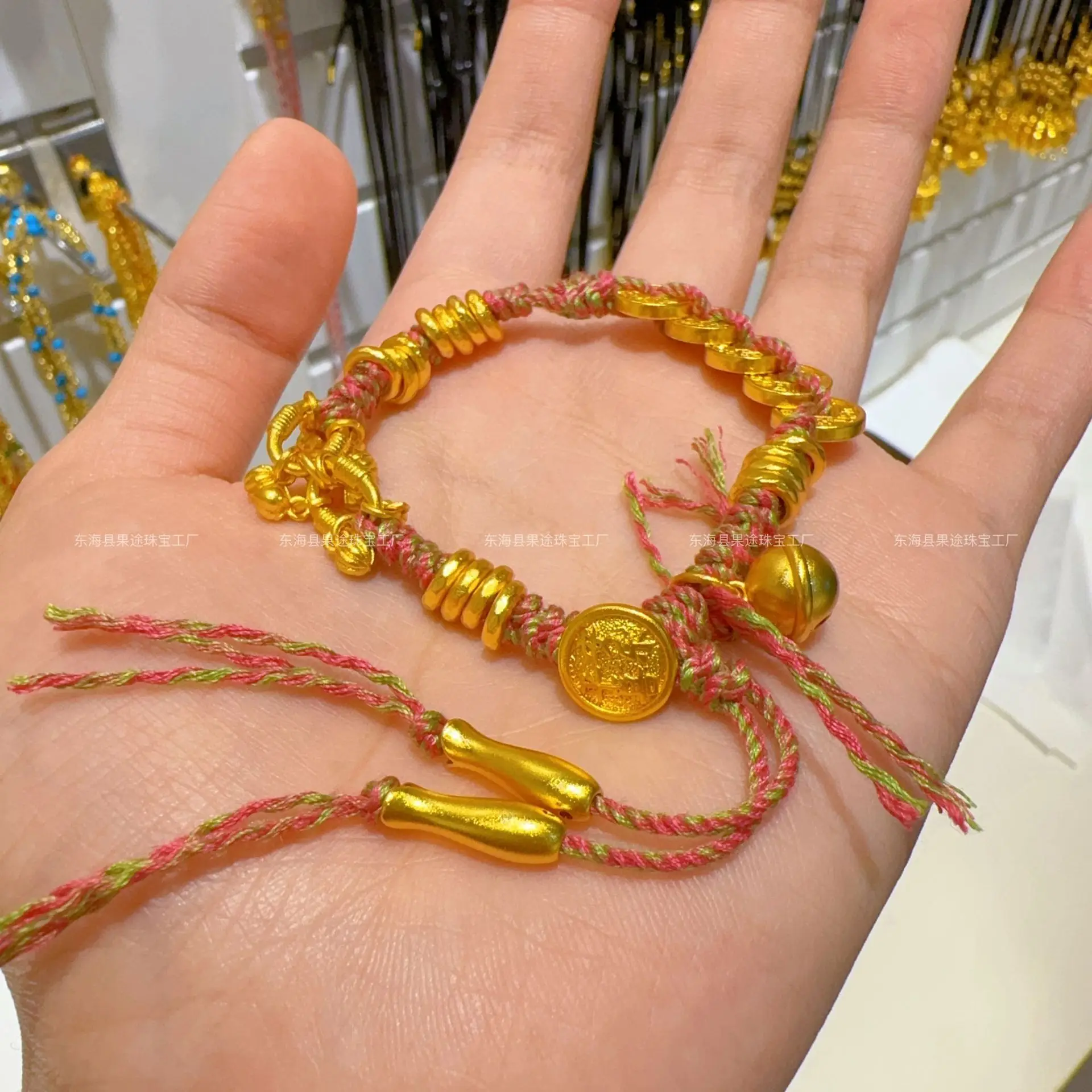 

Plated Genuine Gold Strong Preservation Ancient Sand Plate Wrapped With Red Rope Bell Five Emperor Coins Bracelet Girls Gift