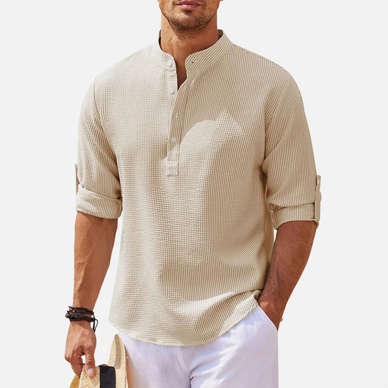 New Men\'s Casual Shirts Cotton Linen Shirt Loose Tops Stand-Up Collar Long Sleeve Shirt Spring Autumn Casual Beach Style Blouse