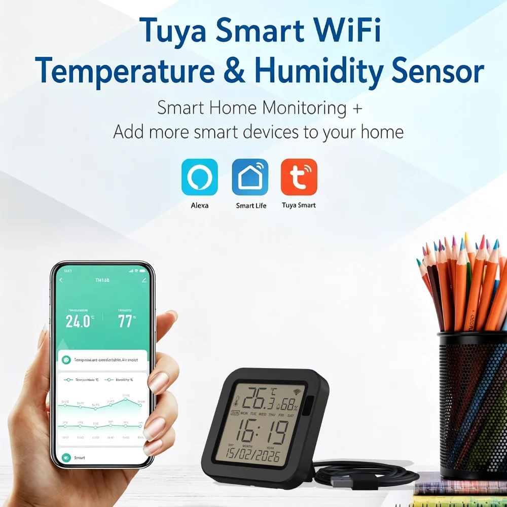 Tuya Temperature Humidity Sensor with IR Remote Control, Touch-Activated Backlight Precise Detection,App Monitor via Smart Life