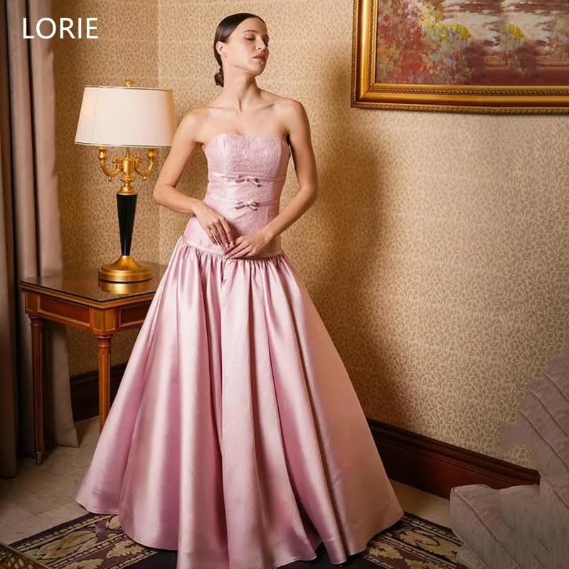 

LORIE Elegant Pink Satin Party Dresses Lace Strapless Bow A-Line Evening Prom Dress Draped Formal Occasions Prom Gown Customized