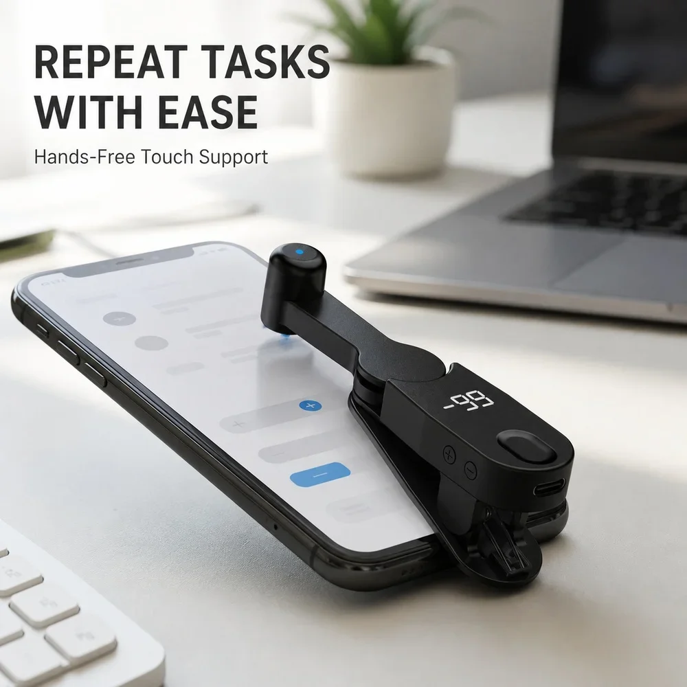 Mini Auto Tapper for Touch Screen 180 Degree Rotating Clip Digital Counter Adjustable Speed USB-C Power for Phone Tablet