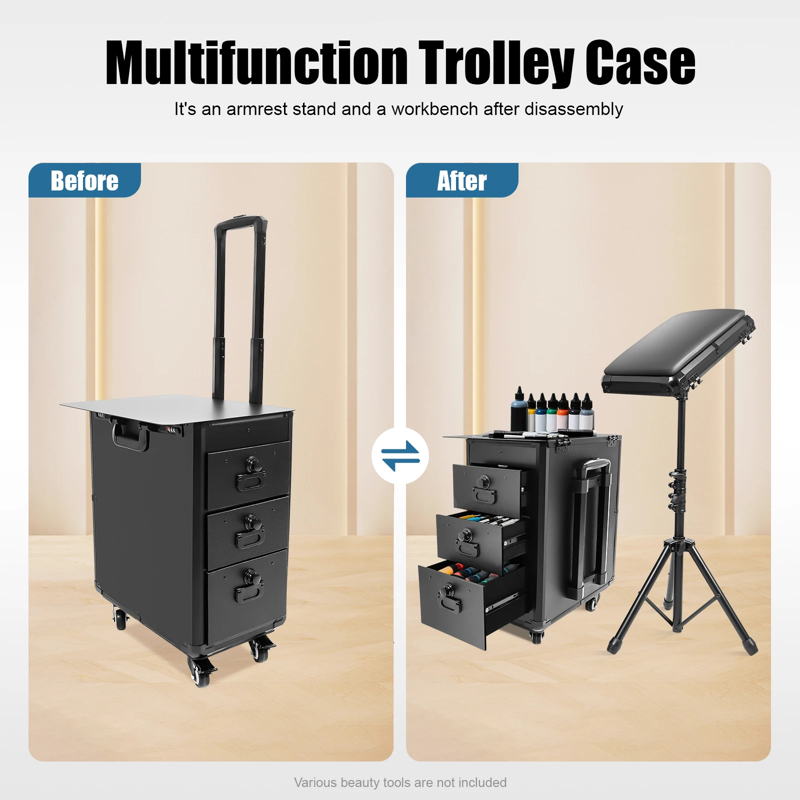 Rolling Case W/ 3 Drawers & Portable Table 44.09lbs Load Capacity Freestanding Workstation Adjustable Height Easy Transport