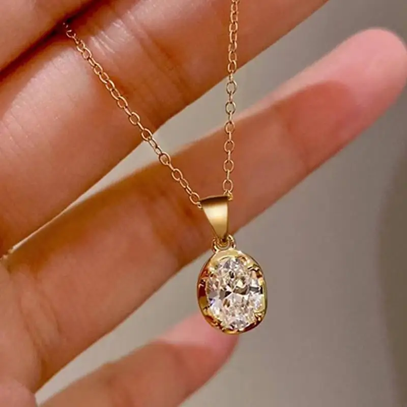 Huitan Minialist Oval Shaped Women Pendant Necklace Inlaid Bright CZ Elegant Wedding Engagement Versatile Accessories Jewelry