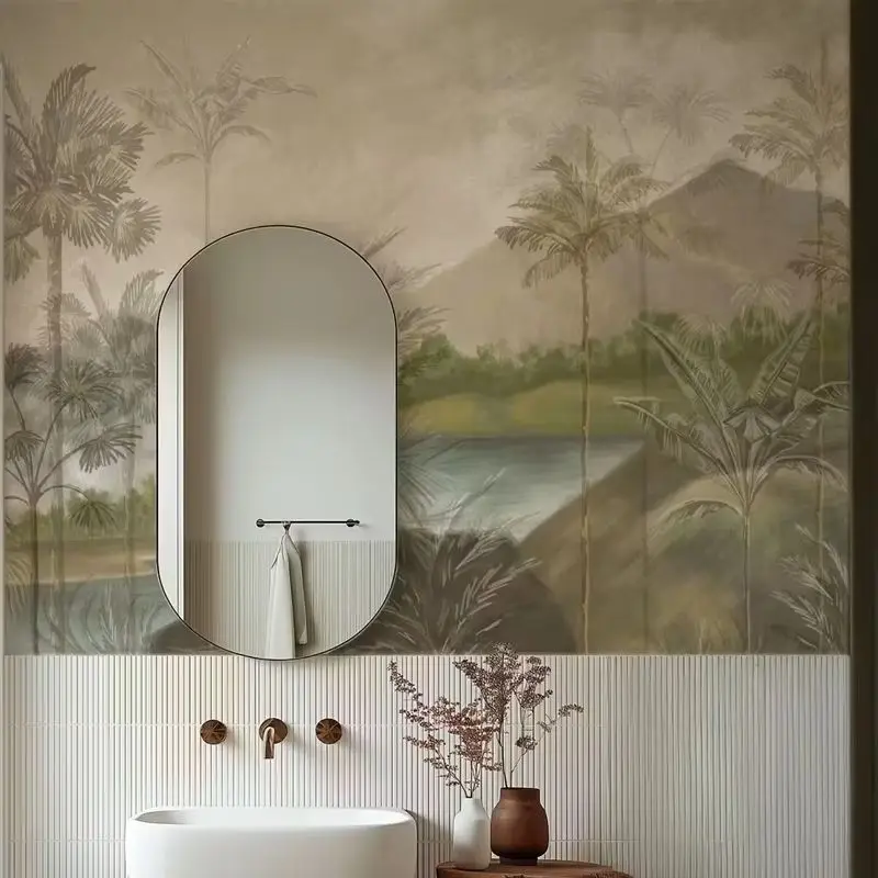 

Mountains and Palm Serenity Wall Mural.Oil Paintin Landscape Large Wallpaper For Room Decoration.Customized Size,Tradition Paper