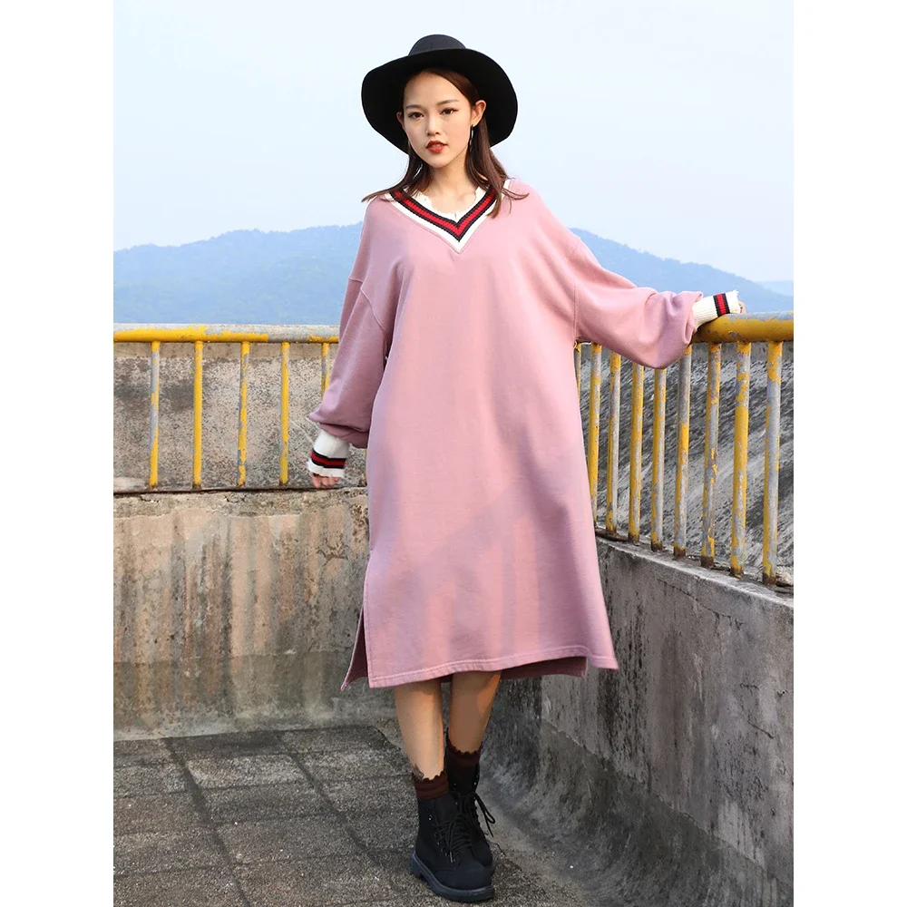 

Women Hoodie Dress Harajuku Loose V Neck Mid Sweatshirts Casual Oversized Plus Size Lady Outwear Streetwear