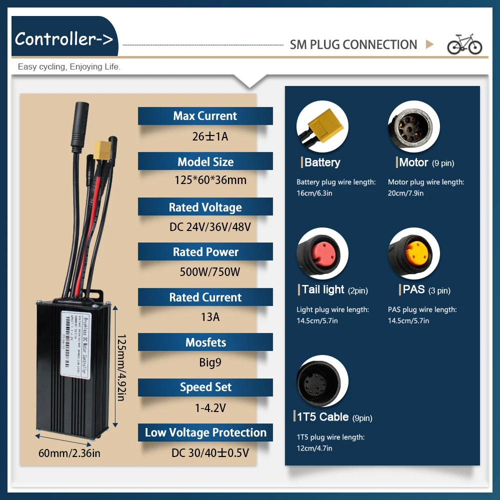 26A Waterproof Three Mode Sinewave Controller 24V/36V/48V Electric Bike Accessories Brushless with JN color display for 500/750W