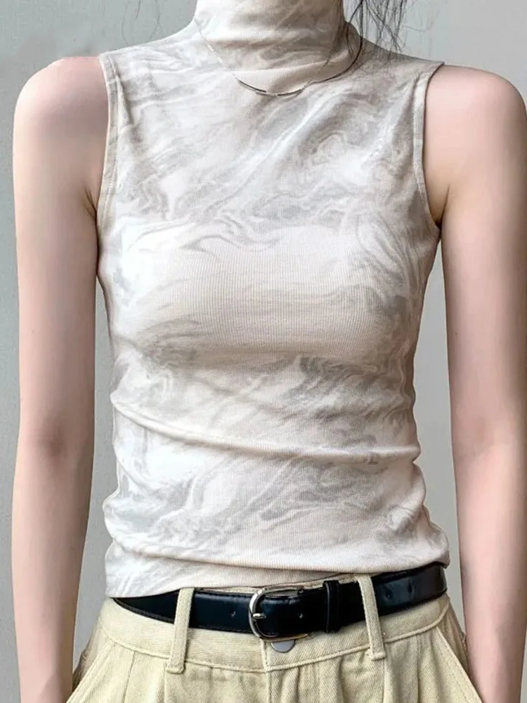 T Shirts Women Turtleneck Tie Dye Sleeveless Slim Vintage Grunge Gothic Fashion Tops Club Female Spring Summer Casual