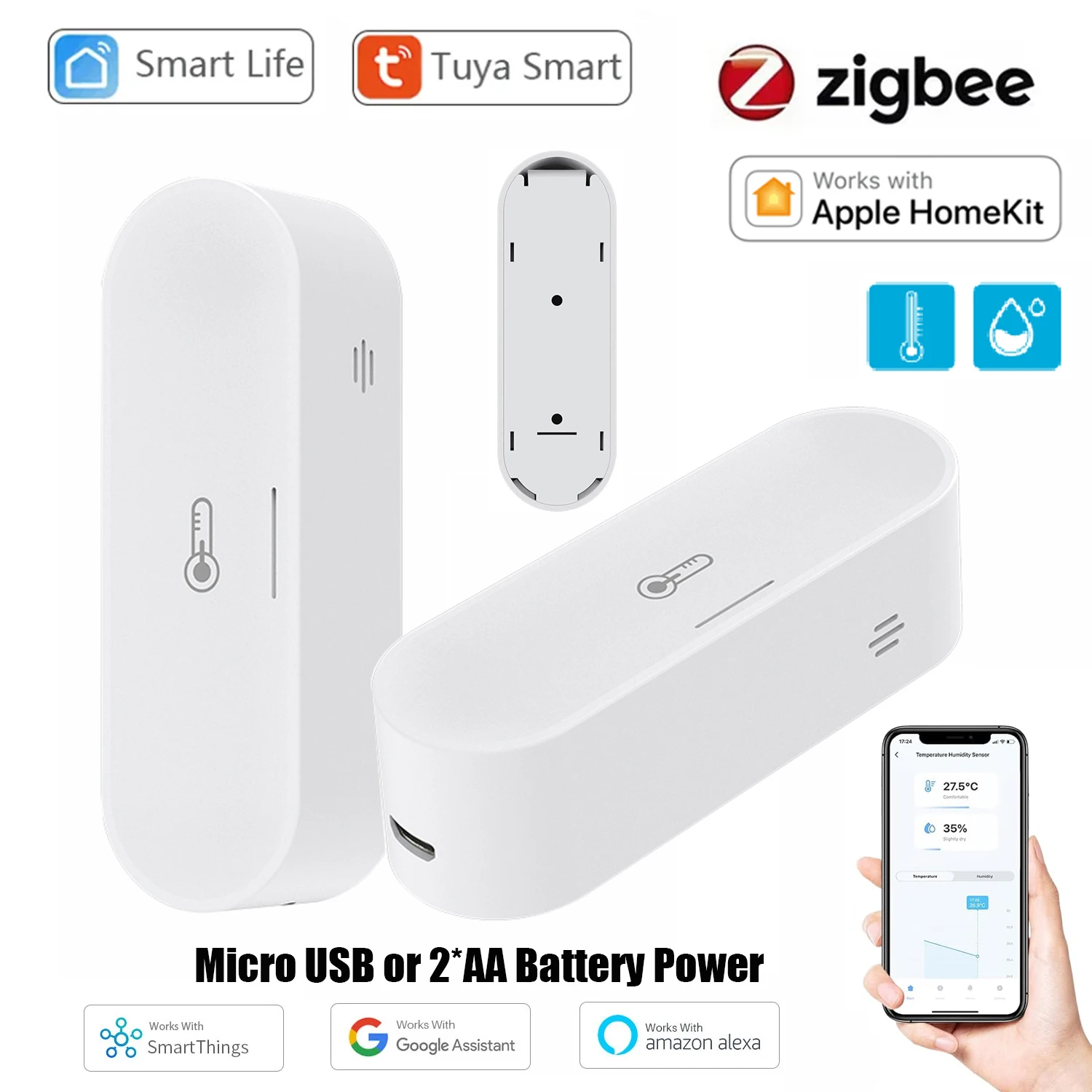 Tuya Zigbee Sensor Suhu dan Kelembapan Cerdas USB Mikro/Keamanan Rumah Bertenaga Baterai Bekerja dengan Homekit Alexa Google Home