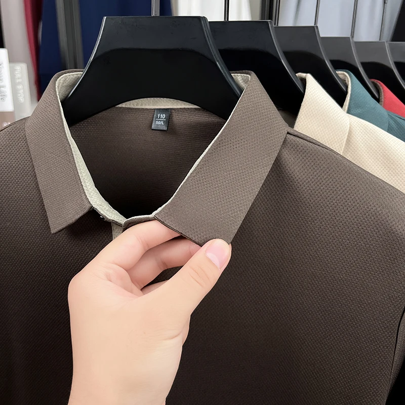 Hochwertiges Herren-Polohemd mit Originaldruck, Herbst-Trend, einfarbig, Revers, Langarm-T-Shirt, Business-Casual-Herrenbekleidung – Detail 15