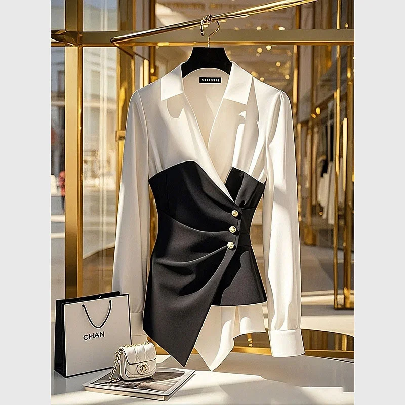Primavera preto e branco camisa contrastante feminina 2025 nova manga longa estilo elegante falso blusa de duas peças topo feminino
