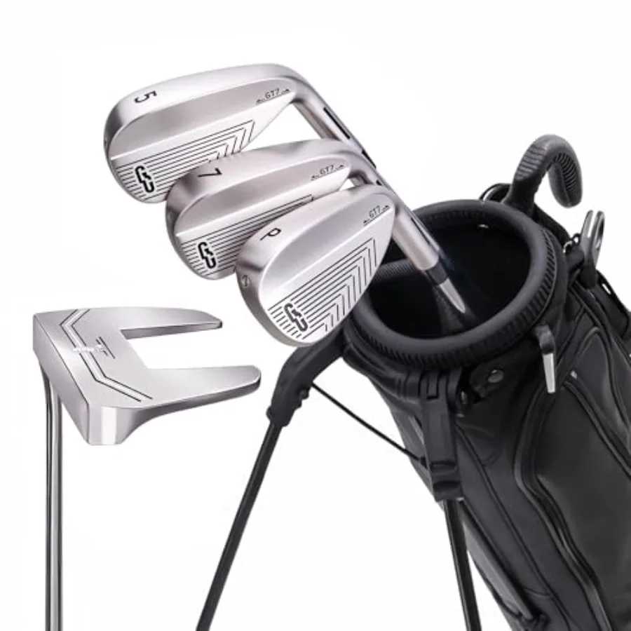 

Golf Club Set for beginners: stainless steel irons with hollow body design, black and silver finish, lightweight and forgiving