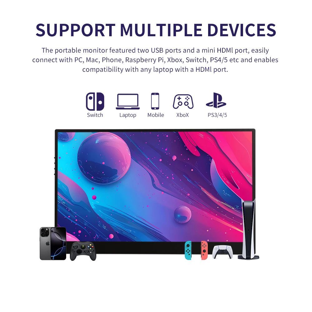 شاشة محمولة لاسلكية 15.6 بوصة 1080P مع شاشة ألعاب HDMI USB-C شاشة ممتدة للكمبيوتر المحمول Mac Switch Xbox PS4/5