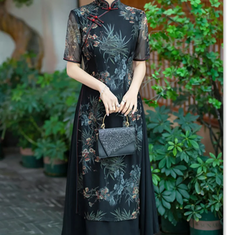 

Плюс размер 3XL 4XL, черный принт с цветком Ao Dai Qipao, лето-весна, новые китайские платья Cheongsam, винтажный воротник-стойка Qipao