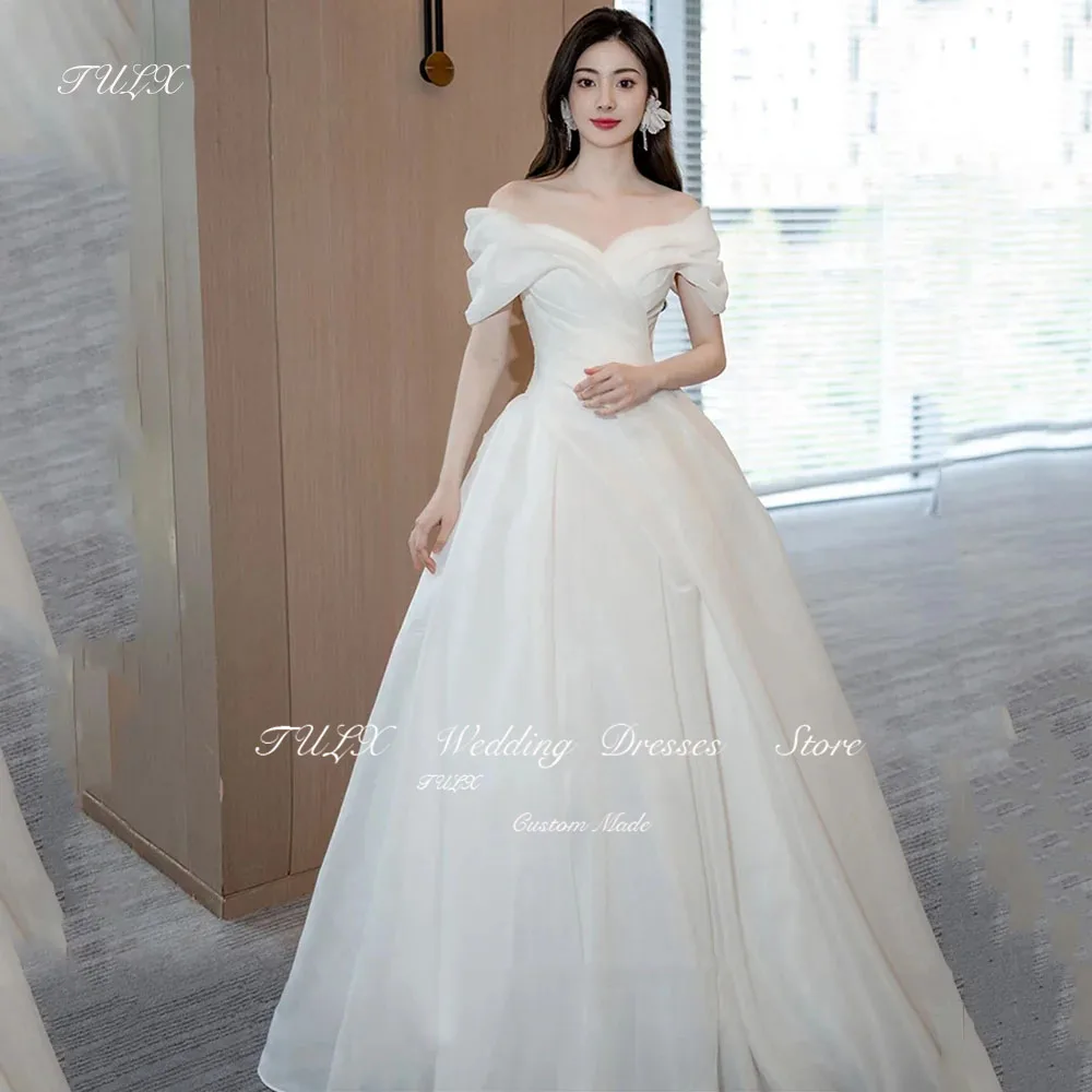 

TULX Elegant Korea Off Shoulder Wedding Dress Photography Organza Short Sleeve Long Train Pleats Bridal Gown Corset Back Custom