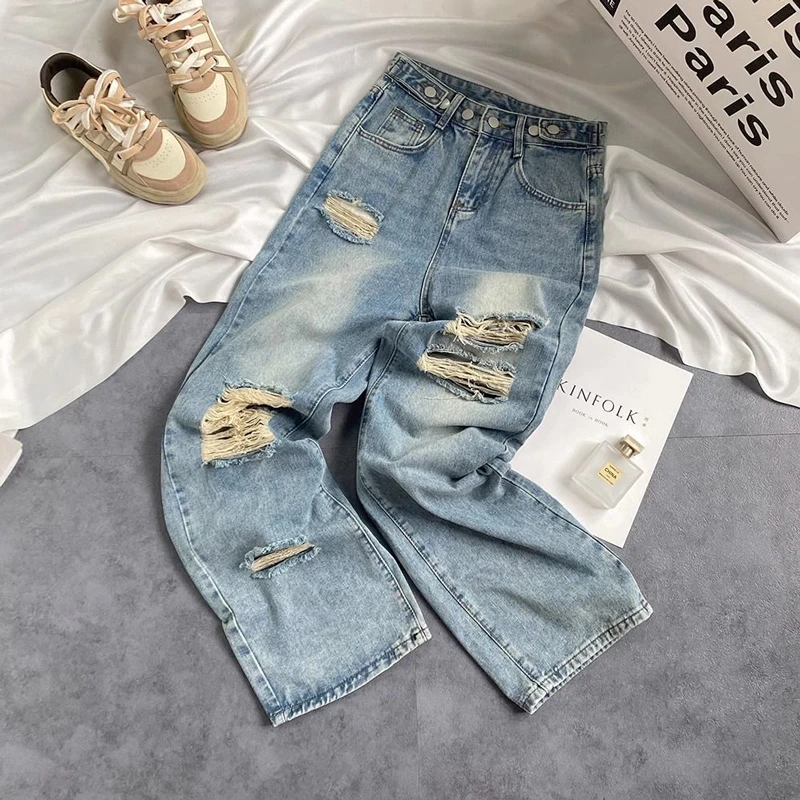 Holes Jeans Women Design Vintage High Waist Trousers Streetwear Creativity Korean Style All-match Baggy Pockets Sporty Fashion