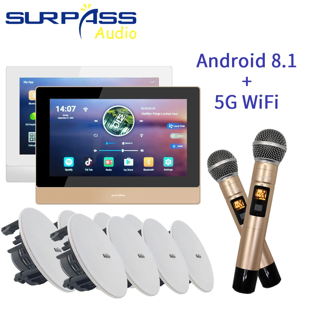 

Smart Bluetooth WiFi Touch Screen Wall Android Amplifier PA Ceiling Speaker Wireless Microphone Home Karaoke Background Music