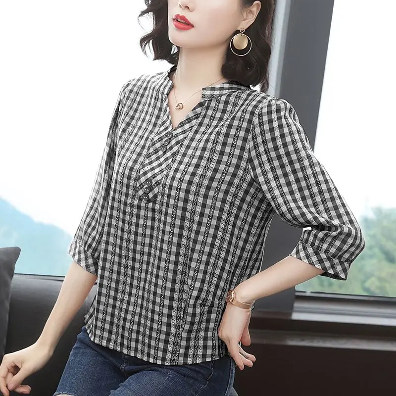 Vintage Plaid Printed Embroidery Hollow V-neck Half Sleeve Loose Tops Blouses for Women 2023 Summer Fashion Casual Button Shirts