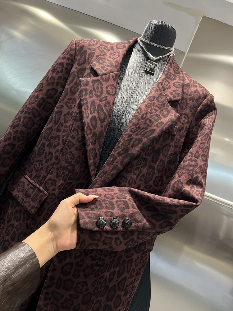 TWOTWINSTYLE Colorblock Leopard Printting Chic Blazer For Women Notched Collar Long Sleeve Spliced Button Fashion Coats Female