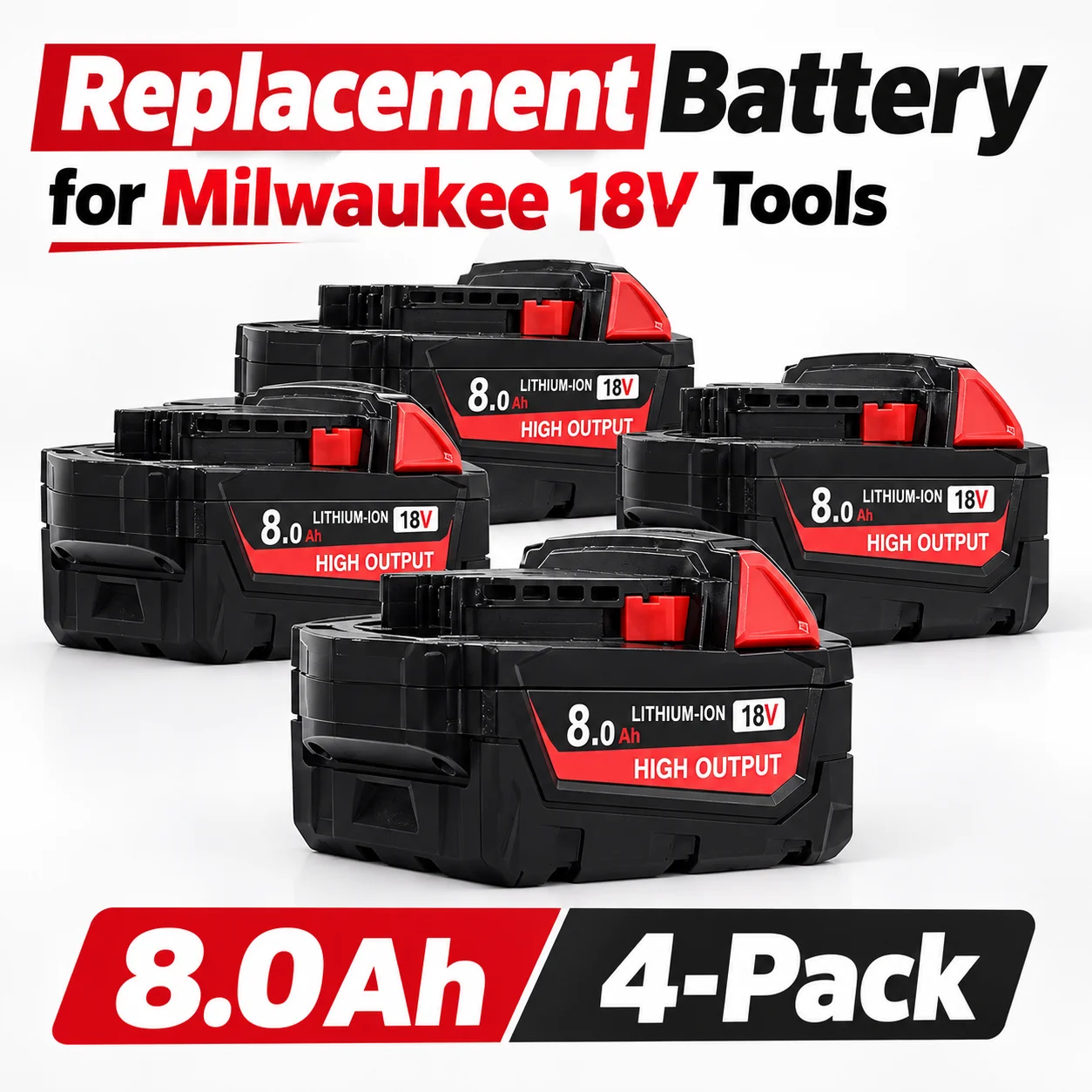 8.0Ah Battery for Milwaukee M18 18V, Replacement 48-11-1880 48-11-1850 48-11-1860, XC8.0 High Output Compatible M18 Li-ion Pack 2Pack 4Pack