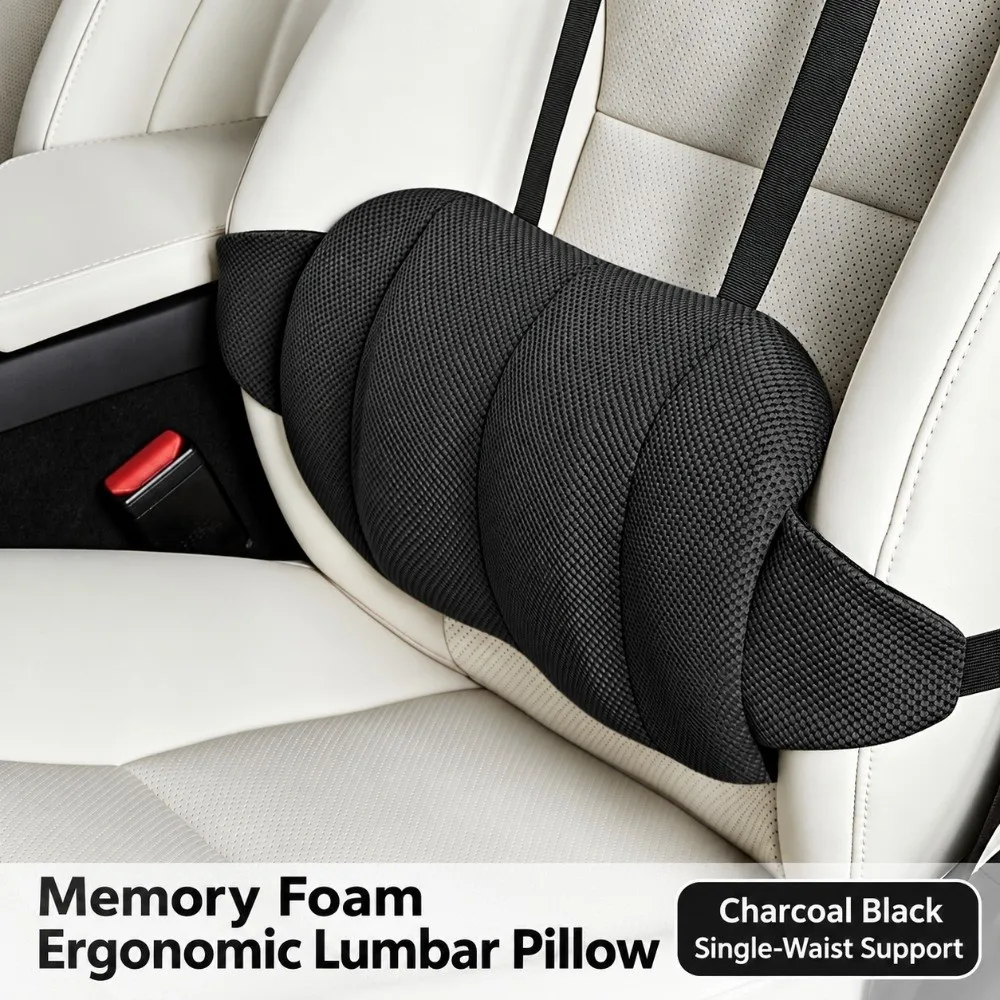 Memory Foam Lumbar Support Cushion Mesh Cover Breathable Mesh Car Seat Cushion Curved Shape Adjustable Strap