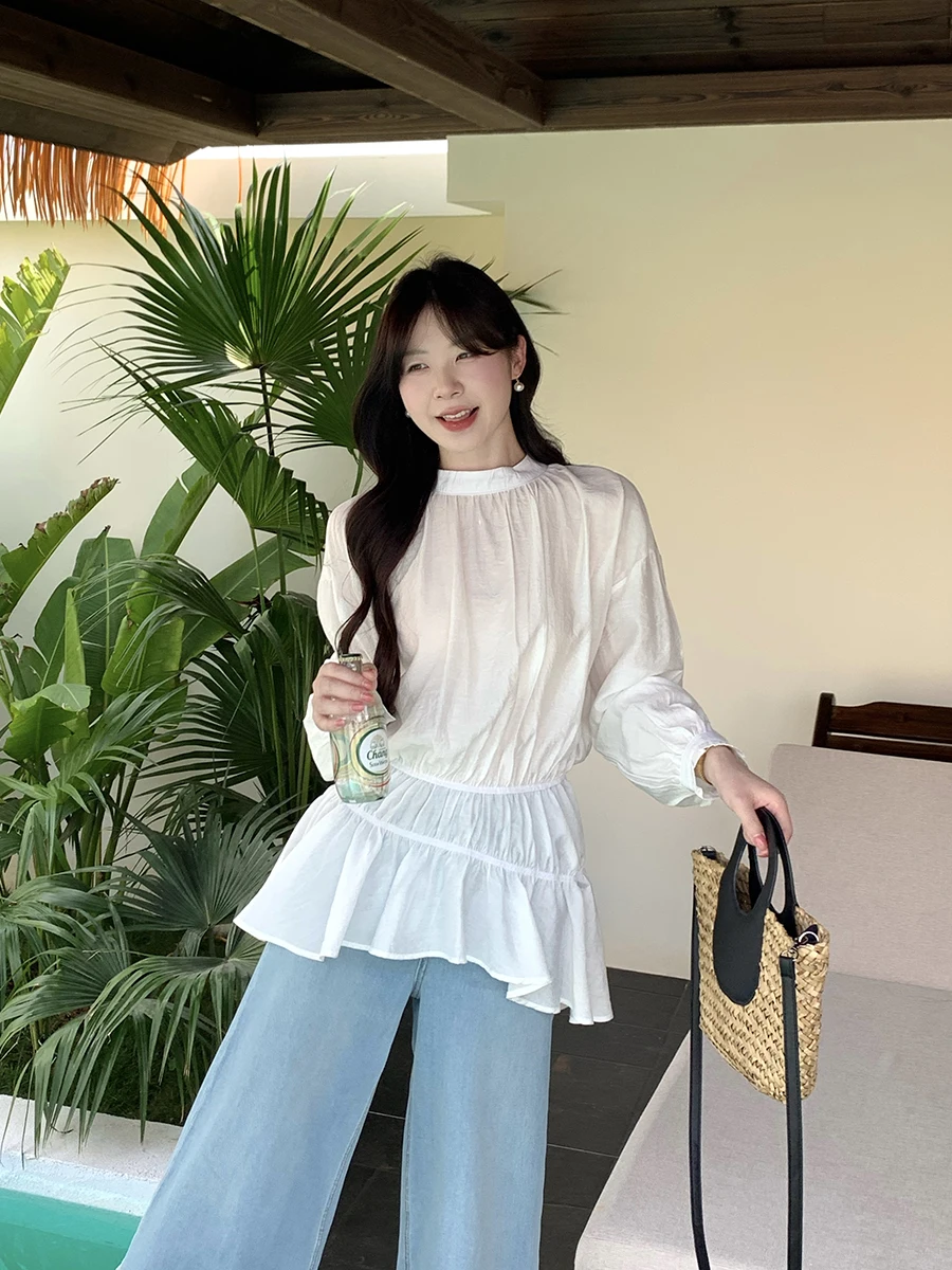 

Sweet Style plus Size Women's Unique White Asymmetrical Long Sleeve Shirt Summer New Waist Cinched Fashionable Top Trendy