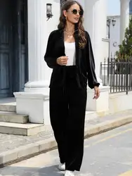 Soft Velvet Suit Clothing Autumn 2022 New Fashion Loose Shirt and Wide Leg Trousers Modern Girl Casual Top Pants Set Wears