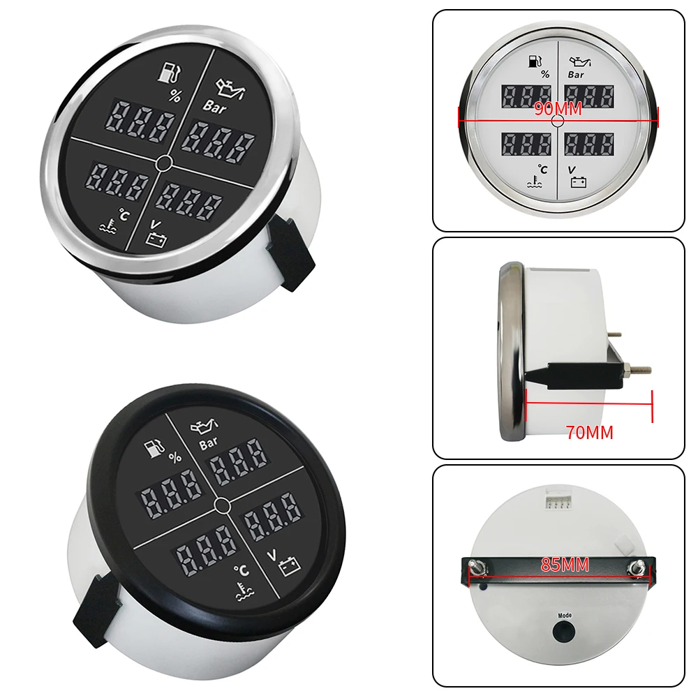Rhaxel 52mm 85mm Car Multifunction Gauge 4 in 1 Digital Fuel Level Oil Pressure Water Temp Meter with 8 Colors Backlight 12V 24V