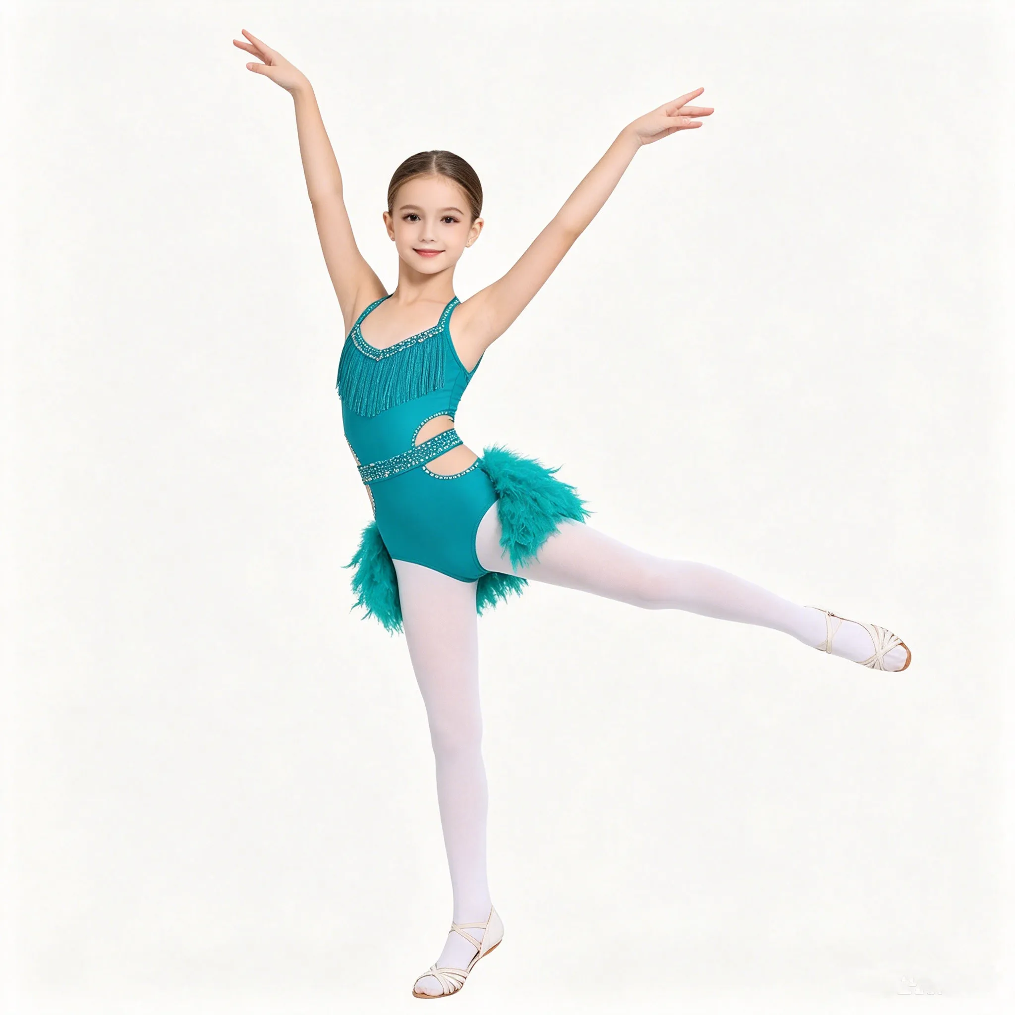 

Kids Girls Latin Dance Bodysuit Halter Tassel Cutout Rhinestone Feather Leotard Dress for Cha-cha Ballroom Samba Rumba Skating