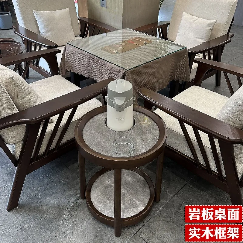 Chess and card room high-end solid wood round small coffee table sparrow room mahjong table card seat rock slab mobile tea shelf
