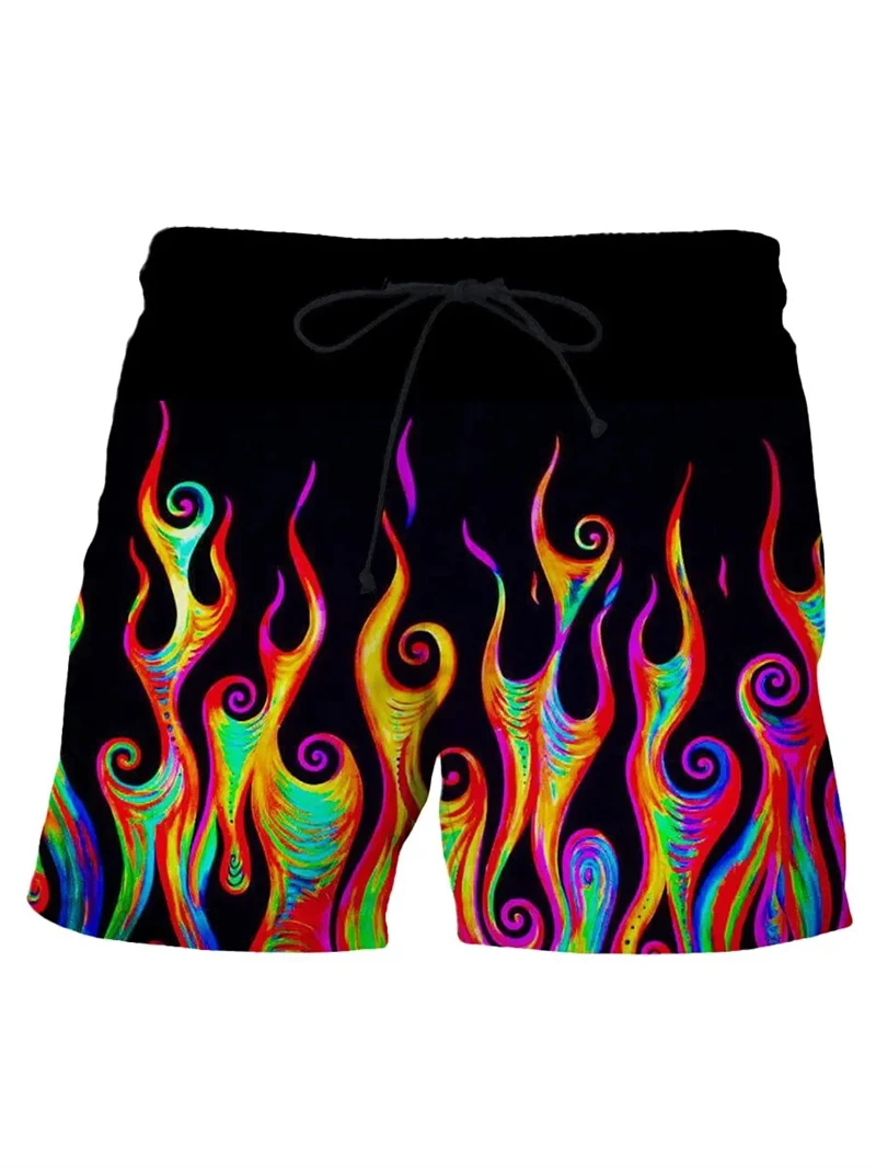 Men's Beach Shorts 3D Printed Striped Flame Pattern Board Shorts Summer Drawstring Breathable Hawaiian Swim Trunks Quick Drying