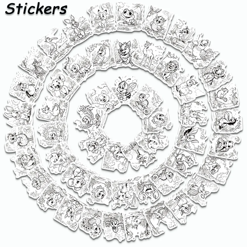 50PCS Black and white line drawing Stickers Cartoon Animals Decal For Luggage Suitcase Scrapbook Laptop DIY Waterproof Stickers