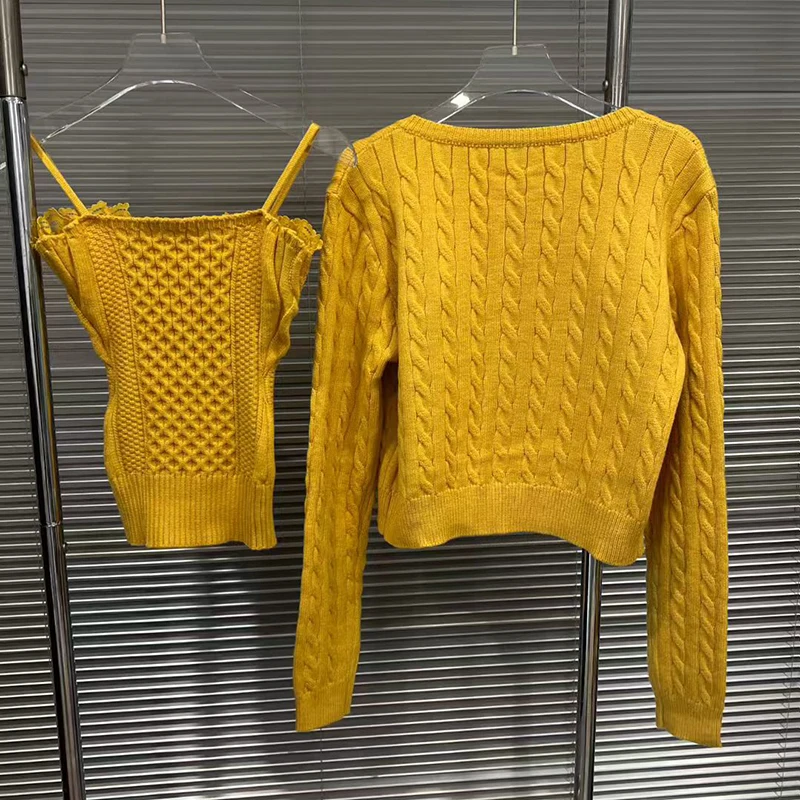 KBQ الصلبة قطعتين مجموعات للنساء ساحة طوق سترة دون أكمام جولة الرقبة طويلة الأكمام معاطف تقسم زر الحياكة مجموعة الإناث