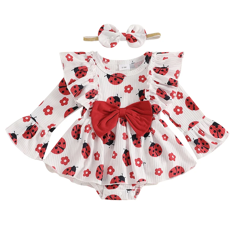 Baby Girl Fall Outfit Bee Print Ruffle Flare Sleeve Ribbed Romper Dress Bow Headband 2 Piece Set