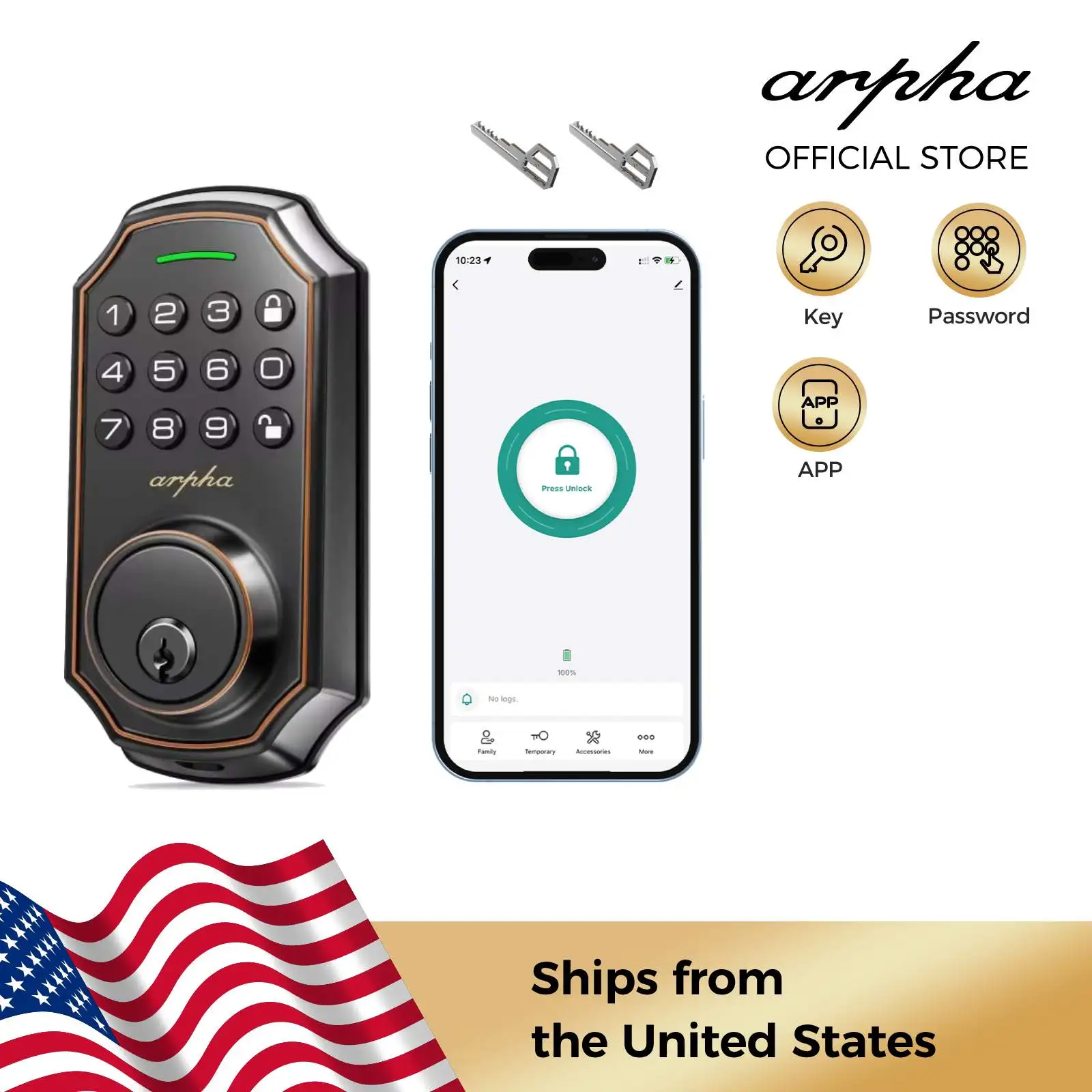 

Arpha D180 Smart Door Lock 100 Codes Anti-Peep 16-Digit Keypad Keyless Entry Door Lock App Control Easy Install for Home