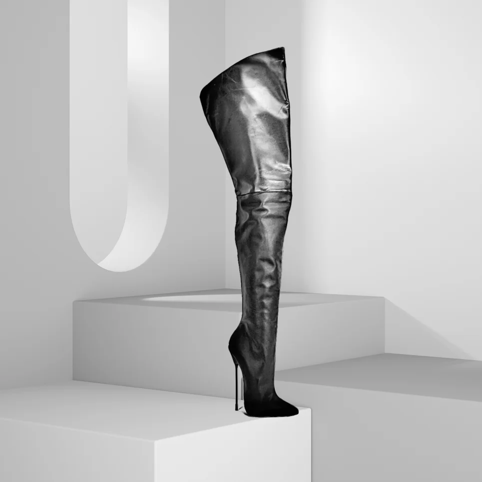 Zwart lederen stiletto sexy laarzen puntschoen mode lente ontwerp vrouwen party casual over de knie laarzen 2025, zapatos para mujer