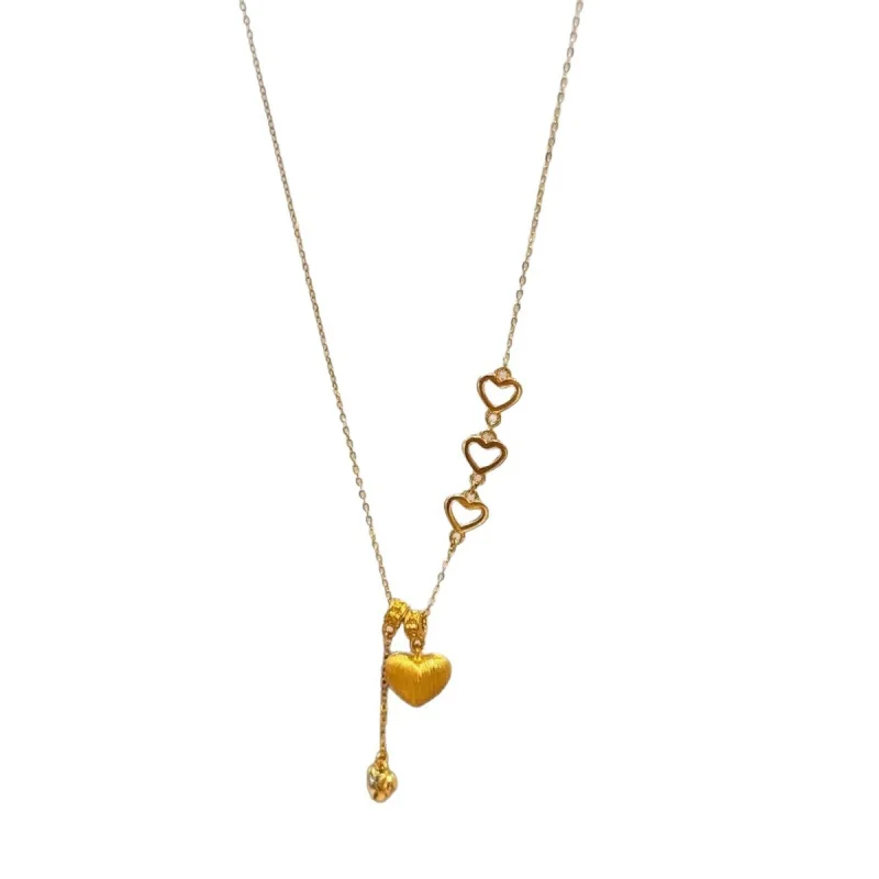999 Gold Brushed Hollow Heart Tassel Pendant Necklace Light Luxury Niche Elegant NeoChinese Choker Women