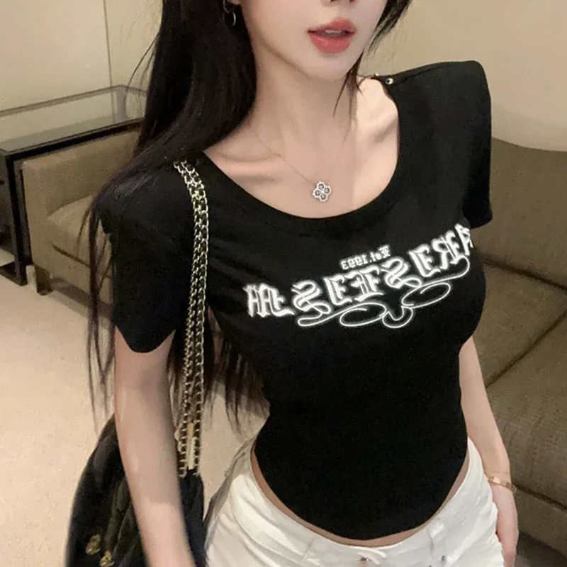 

Pure Cotton Women Sexy T Shirt Rivet Letter Backless Summer Slim Printing Short Sleeve Crop Tops Hottie Fashion Female Tees New