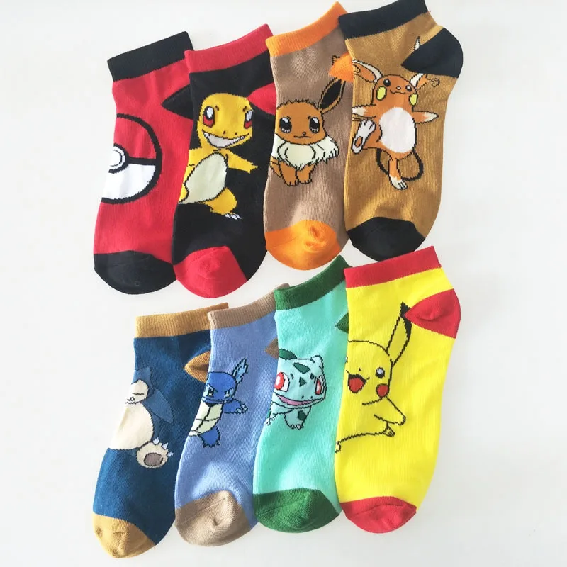 Anime Pokemon Figures Pikachu Snorlax Eevee Bulbasaur Charmander Summer Adult Cotton Breathable Boat Socks Birthday Gifts