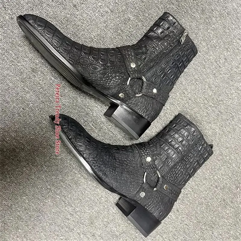 Crocodile Pattern Embossed Genuine Leather Chelsea Boots Pointed Toe Side Zipper Short Boots Autumn Winter Trendy Party Shoes