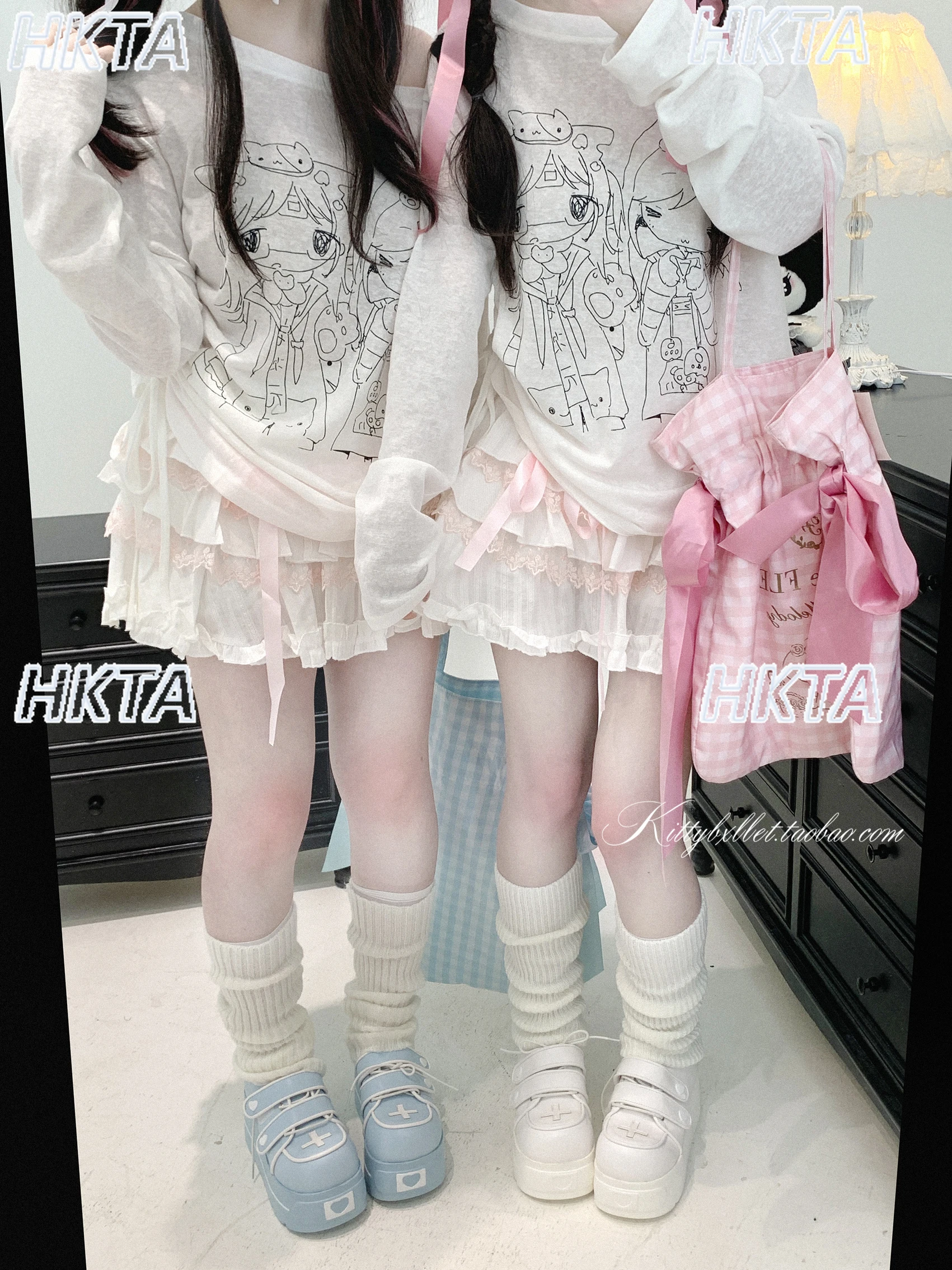 

Subculture Sweet and Cute Cartoon Two Dimensional T Shirts Women Summer Thin Loose Casual Long Sleeved Pleated White Tshirts Top