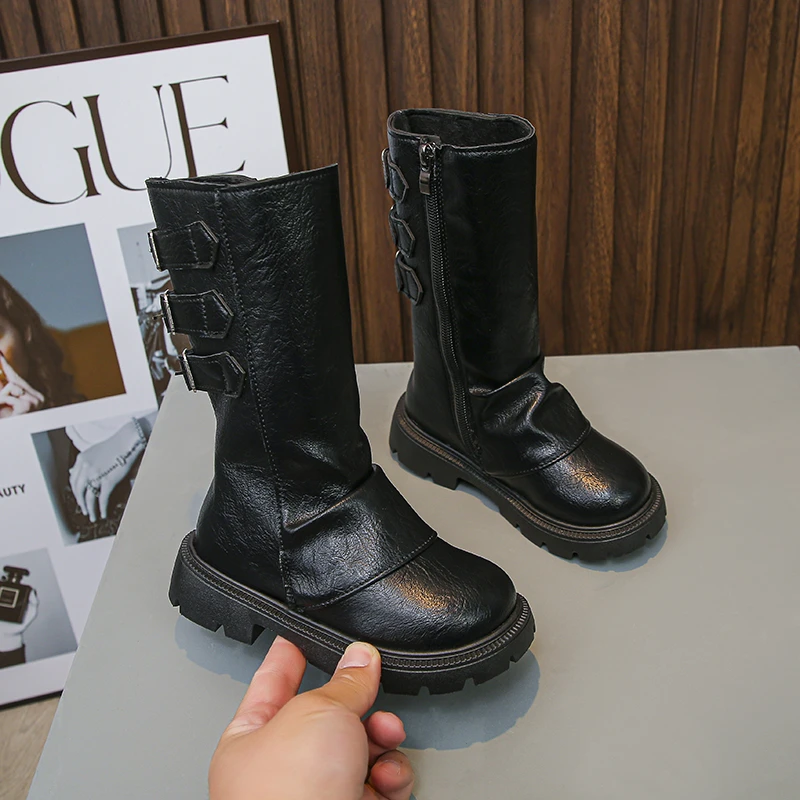 Girls Mid-calf Boots Fashion Children Long Boots Simple Thick Bottom Classic Kids Catwalk Leather Boots Winter Warm Girls Shoes