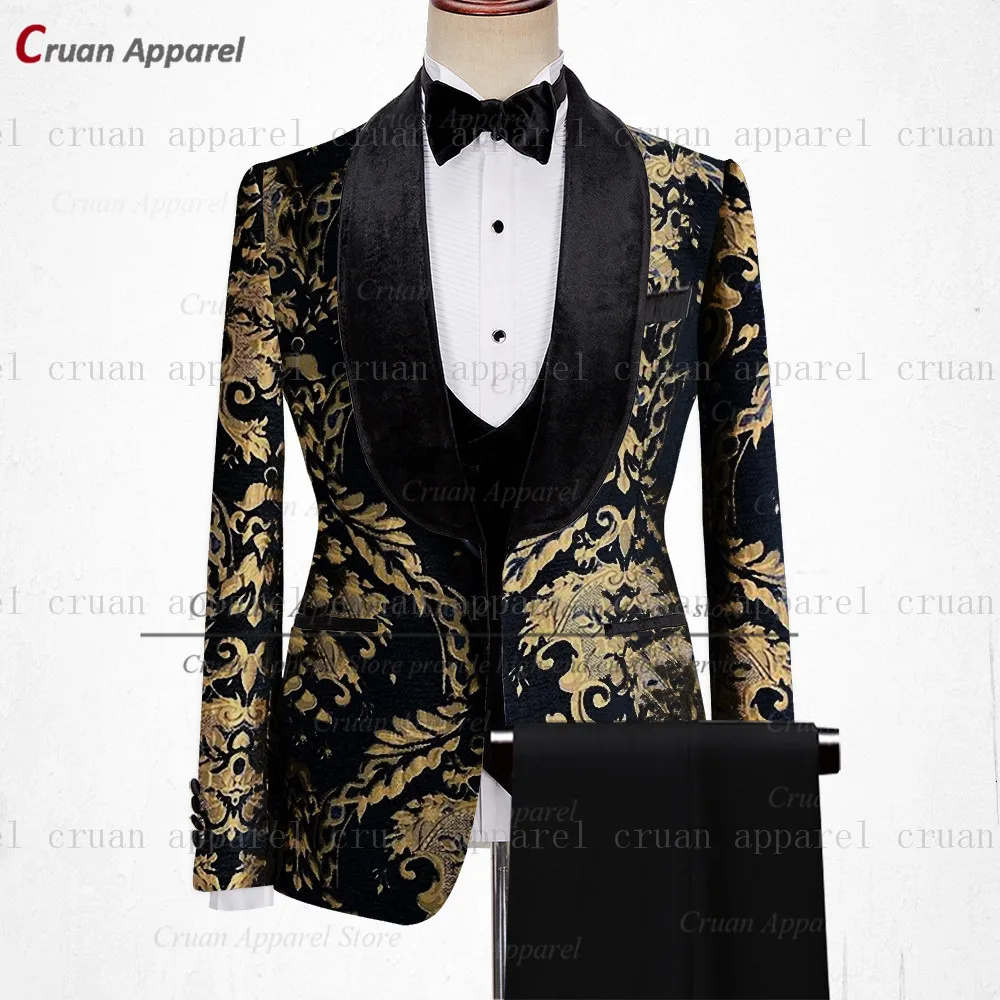 

Gold Floral Printing Suit Mens Slim Fit Custom Made Luxury Wedding Groomsman Groom Suit Velvet Shawl Lapel Blazer Vest Pants Set