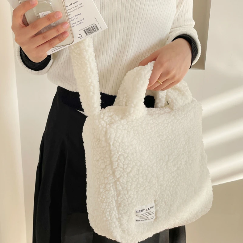 Faux Lamb Wool Women\'s Tote Shoulder Bags Winter Simple Female Fluffy Crossbody Bag Large Capacity Ladies Soft Plush Handbags