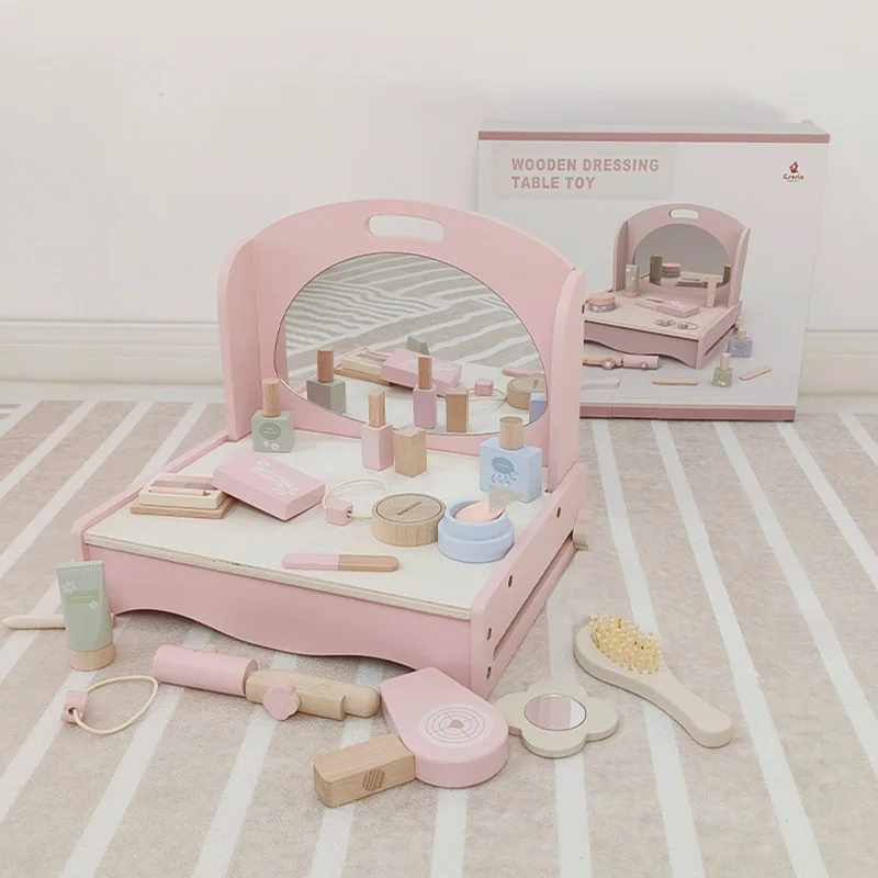 Conjunto de vaidade infantil de madeira estilo ins – brinquedo de espelho de penteadeira de princesa rosa, mesa de maquiagem simulada para dramatização infantil