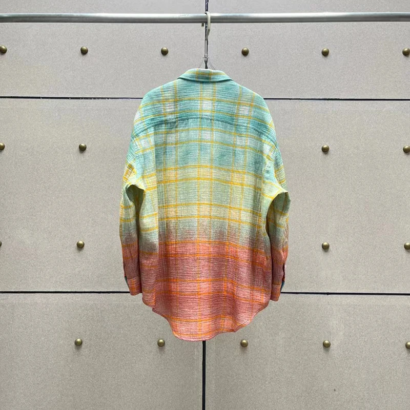 Plaid Gradient Ladies Shirt,Loose Casual Blouse,High Quality Cotton,Fashion,High Quality,2024.Summer,New,Y2K