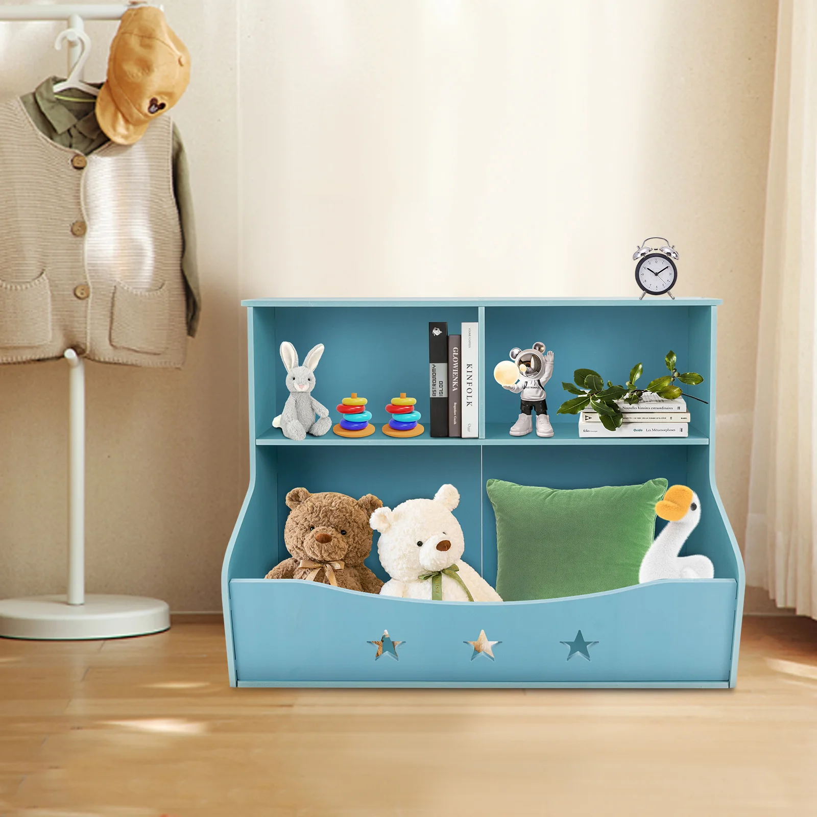 Children’s Book Shelf, PVC Board, 2 Vertical Compartments, Large Bottom Bin, Cute Light Blue Design, Ideal for Books and Toys