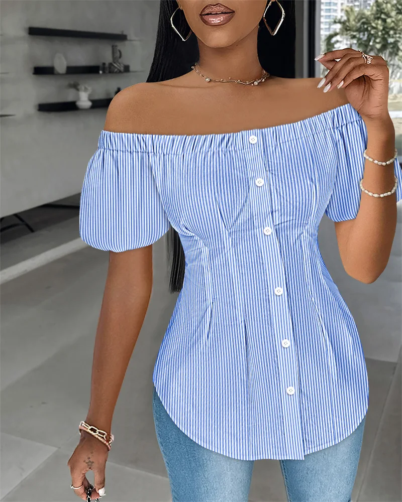 Women Shirt Casual Tops Striped Print Blouses Off Shoulder Puff Sleeve Shirts Slim Fit Single Breasted Top Elegant Splice