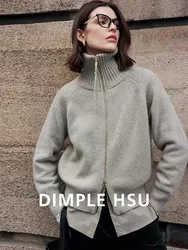 High-end vintage pure cashmere cardigan women's lapel double zip coat knit bottom loose thickened sweater